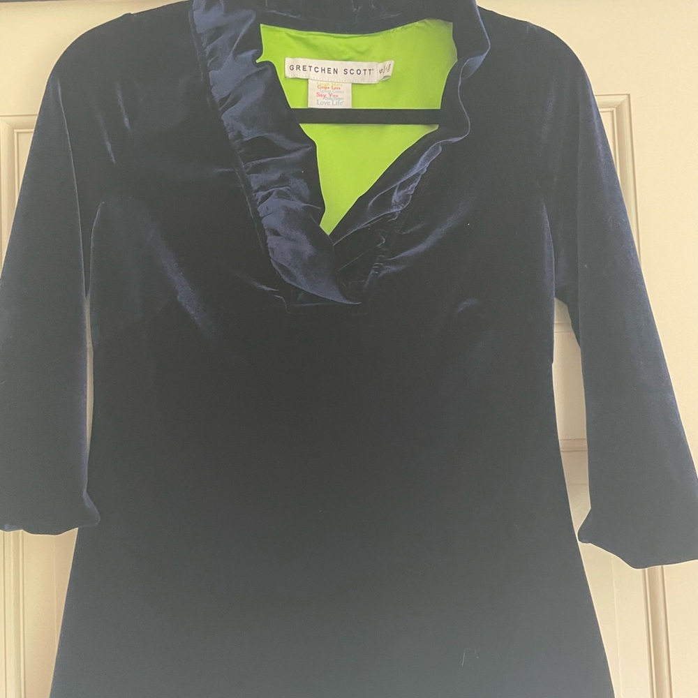 Gretchen Scott Designs Ruffled Neck Velvet Navy Blouse